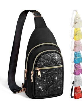 Glitter Crossbody Sling Bag, Cute Mini Hiking Daypack, Casual Chest Shoulder Bag